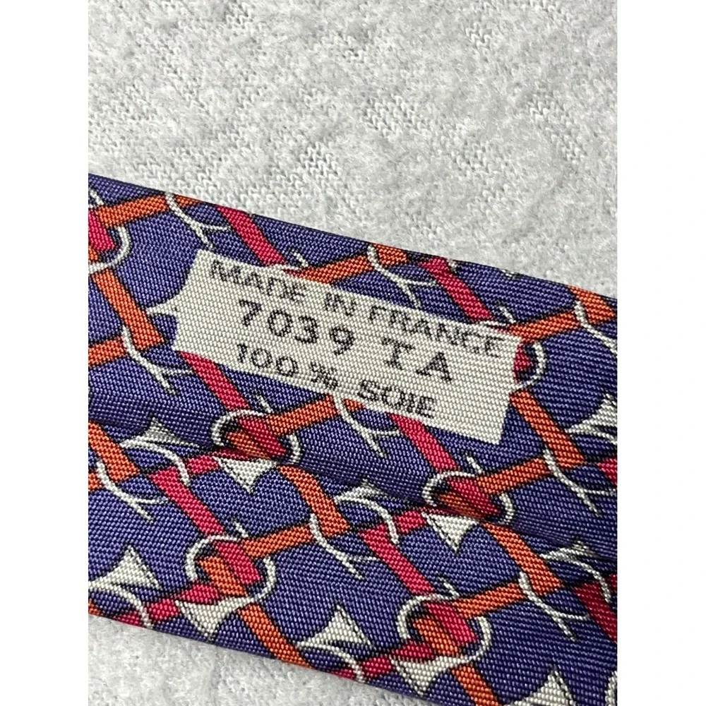 VTG Hermes Paris Mens Silk Necktie Purple Orange Equestrian Bit Pattern 7039 TA